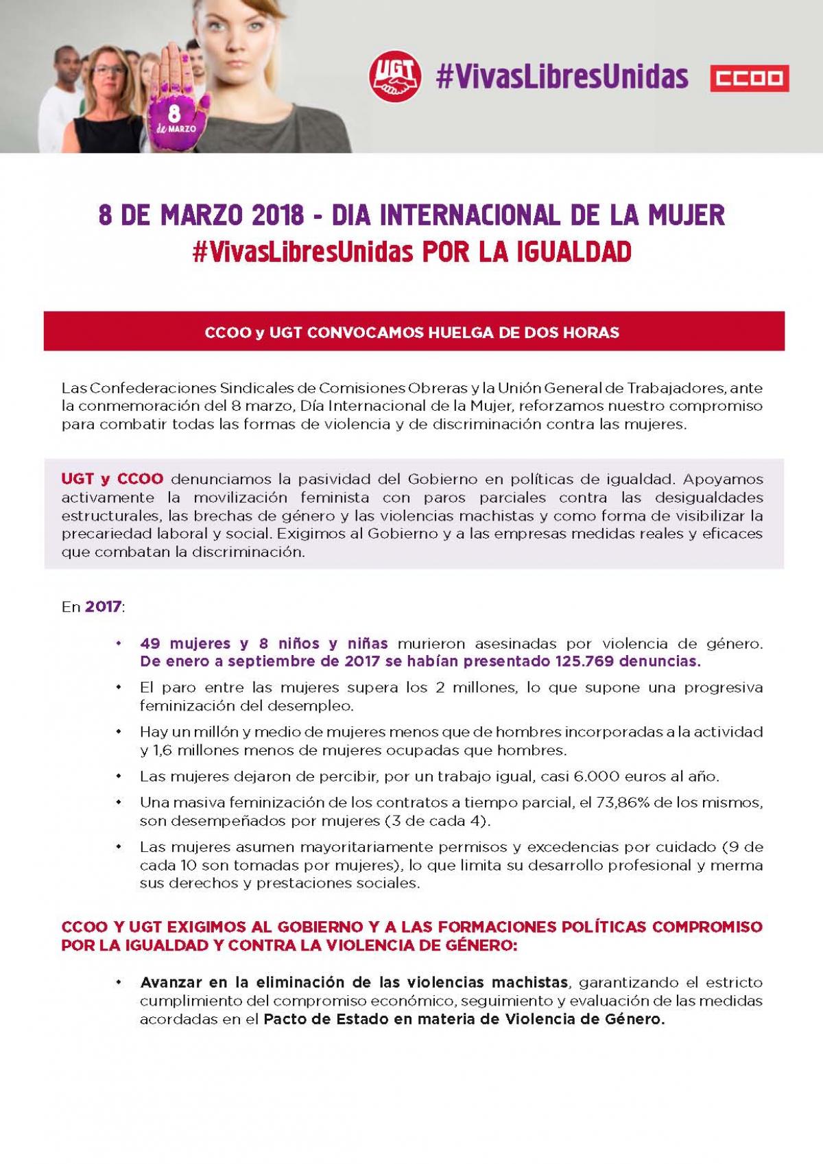 8 de Marzo de 2018. Manifiesto conjunto con UGT.