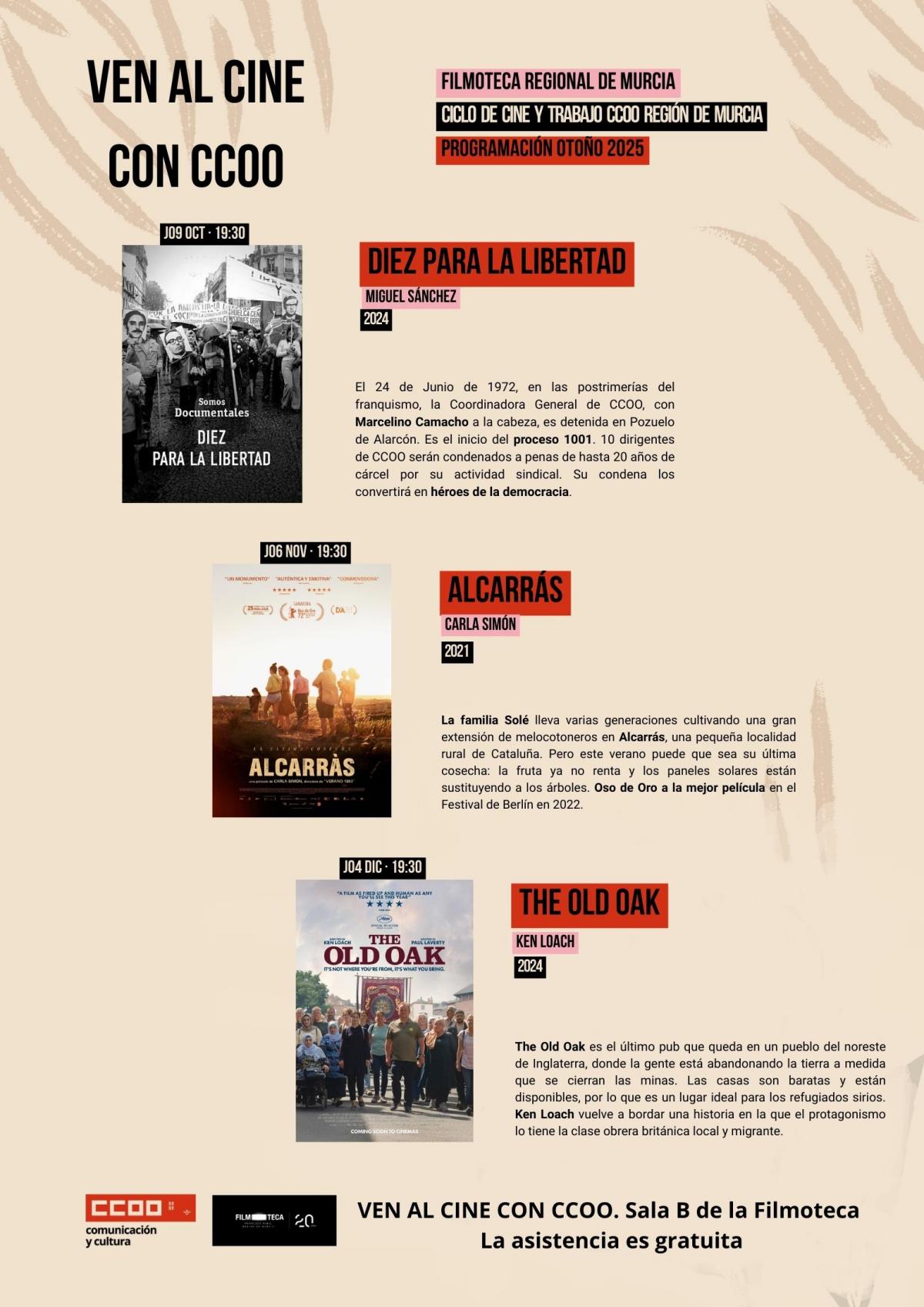 Programación otoño 2025 del ciclo "Ven al cine con CCOO" en la Filmoteca Regional de Murcia