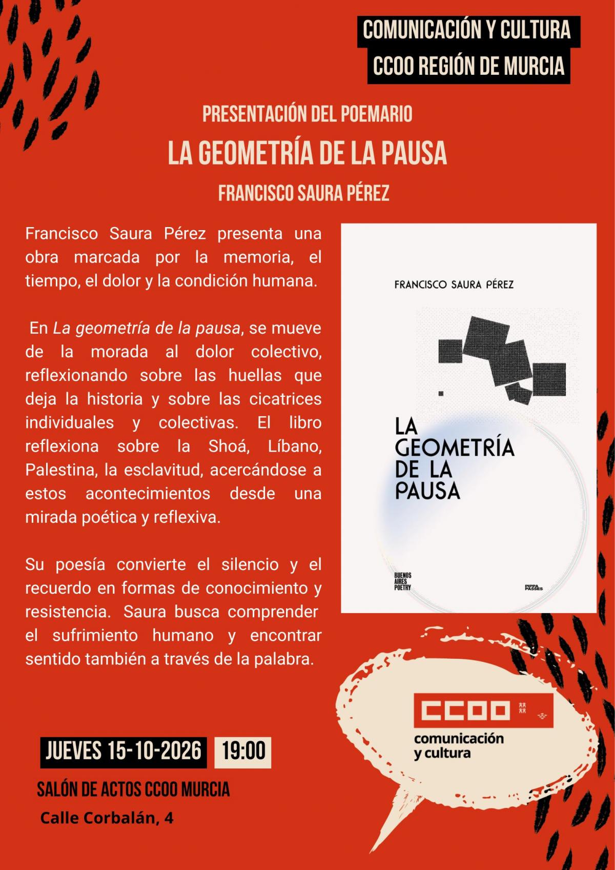 Presentación del poemario "La geometría de la pausa", de Francisco Saura Pérez. 15 10 2026