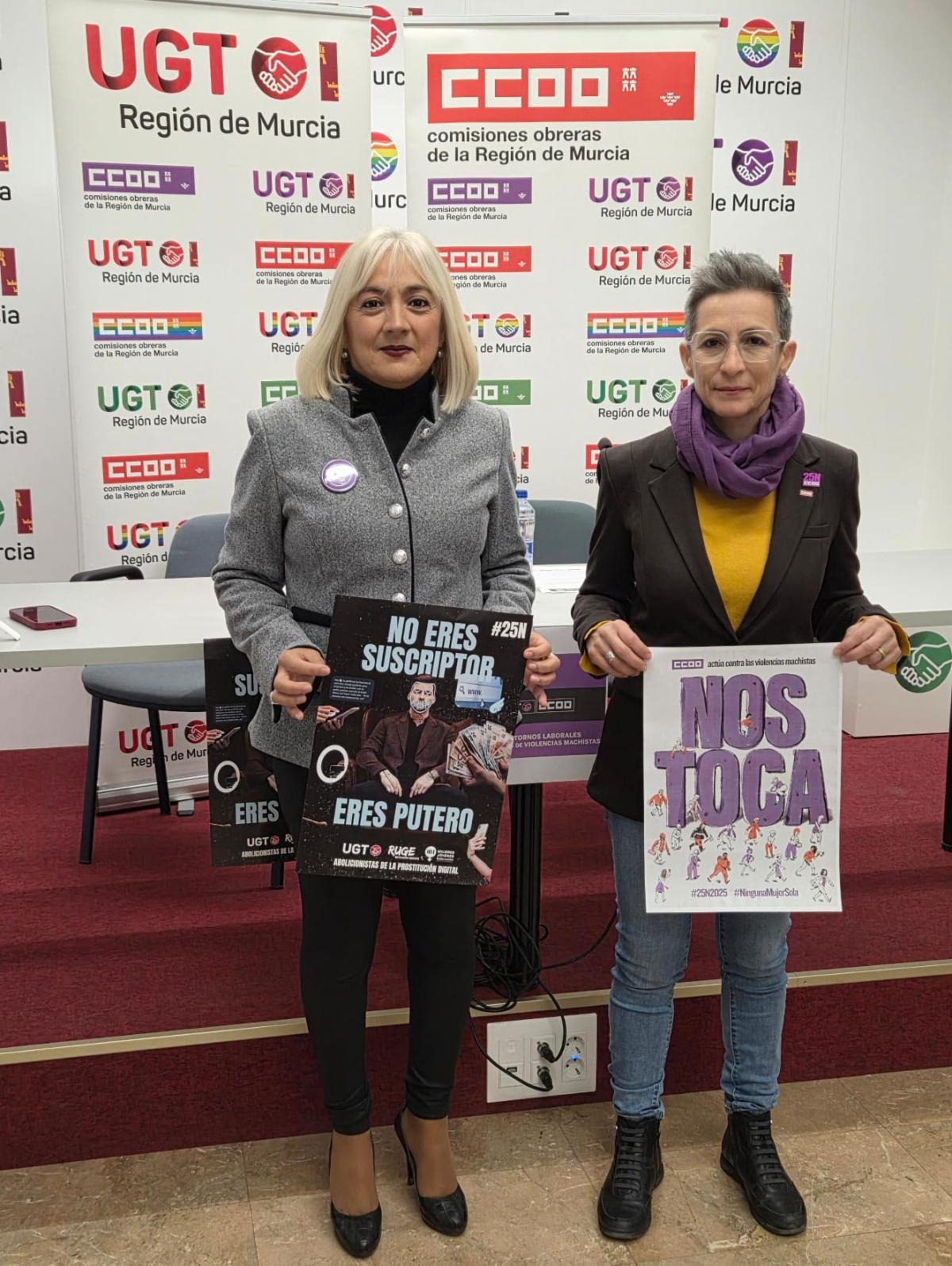 Las secretarias de Mujer de UGT y CCOO Región de Murcia en la rueda de prensa del 25n 2025