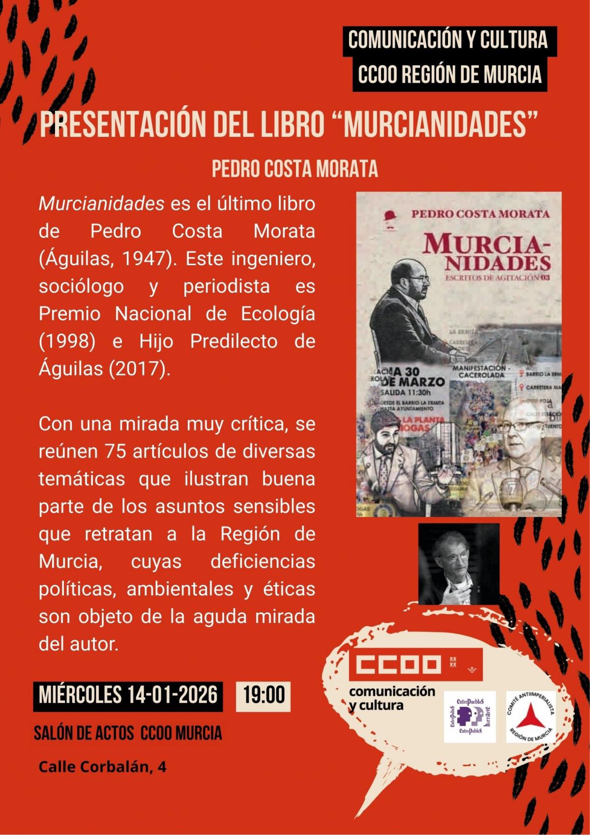 Presentación del libro "Murcianidades", de Pedro Costa Morata. CCOO MURCIA 14 01 2025