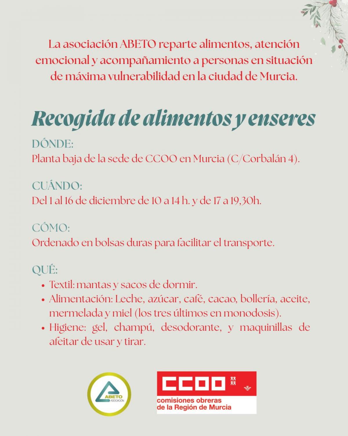Recogida de alimentos y enseres CCOO Murcia en colaboración con la Asociación Abeto