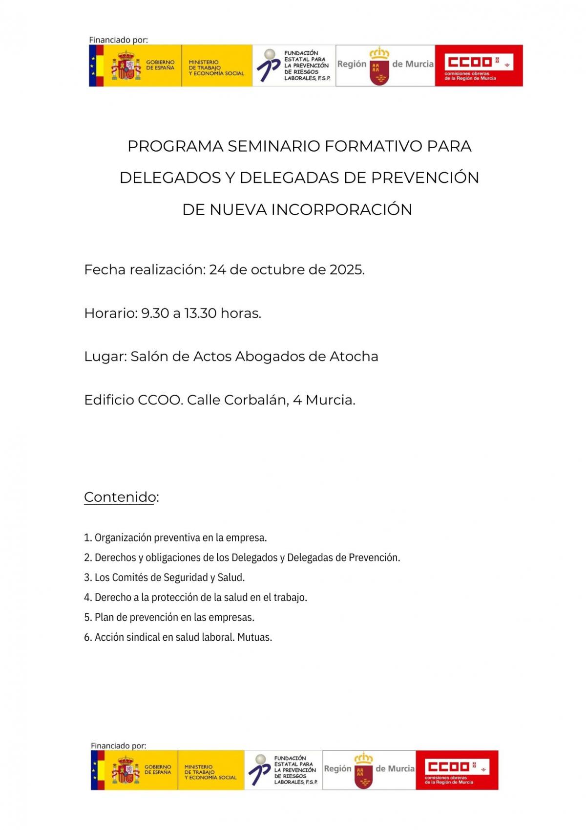 Programa seminario formativo para delegados y delegadas de prevención de nueva incorporación