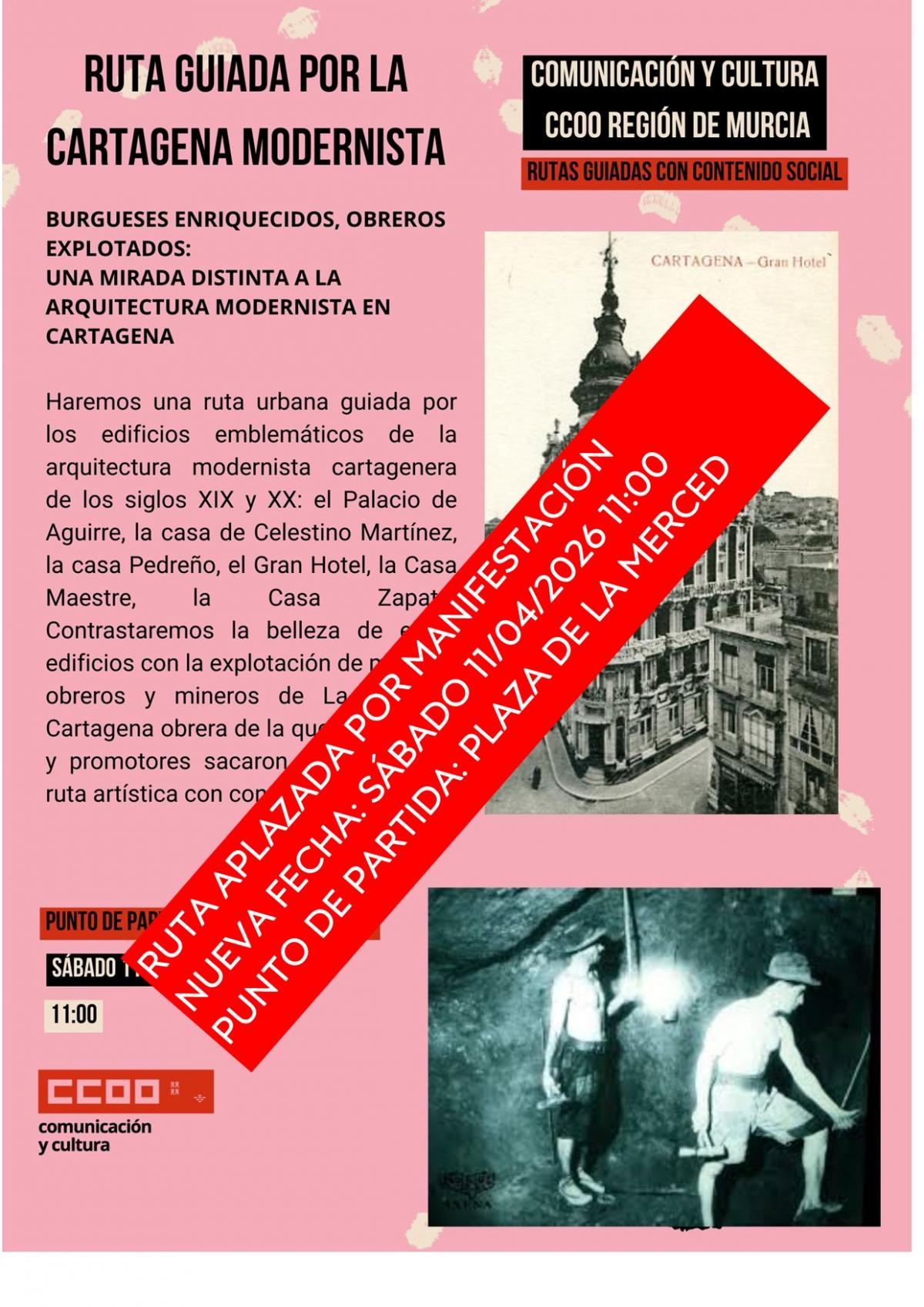 Aplazada al 11/04/2026 la ruta guiada por la Cartagena modernista